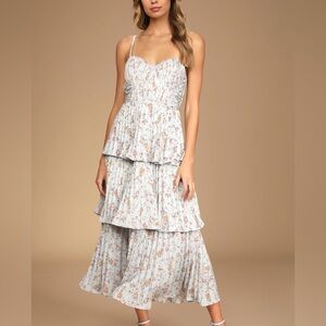 Lulus Cascading Crush Blue Floral Print Tiered Bustier Midi Dress